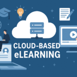 Cloud-based eLearning concept with online education icons, cloud server, and digital learning tools