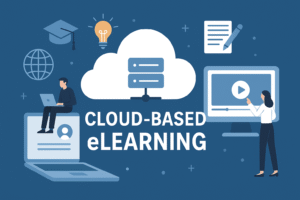 Cloud-based eLearning concept with online education icons, cloud server, and digital learning tools