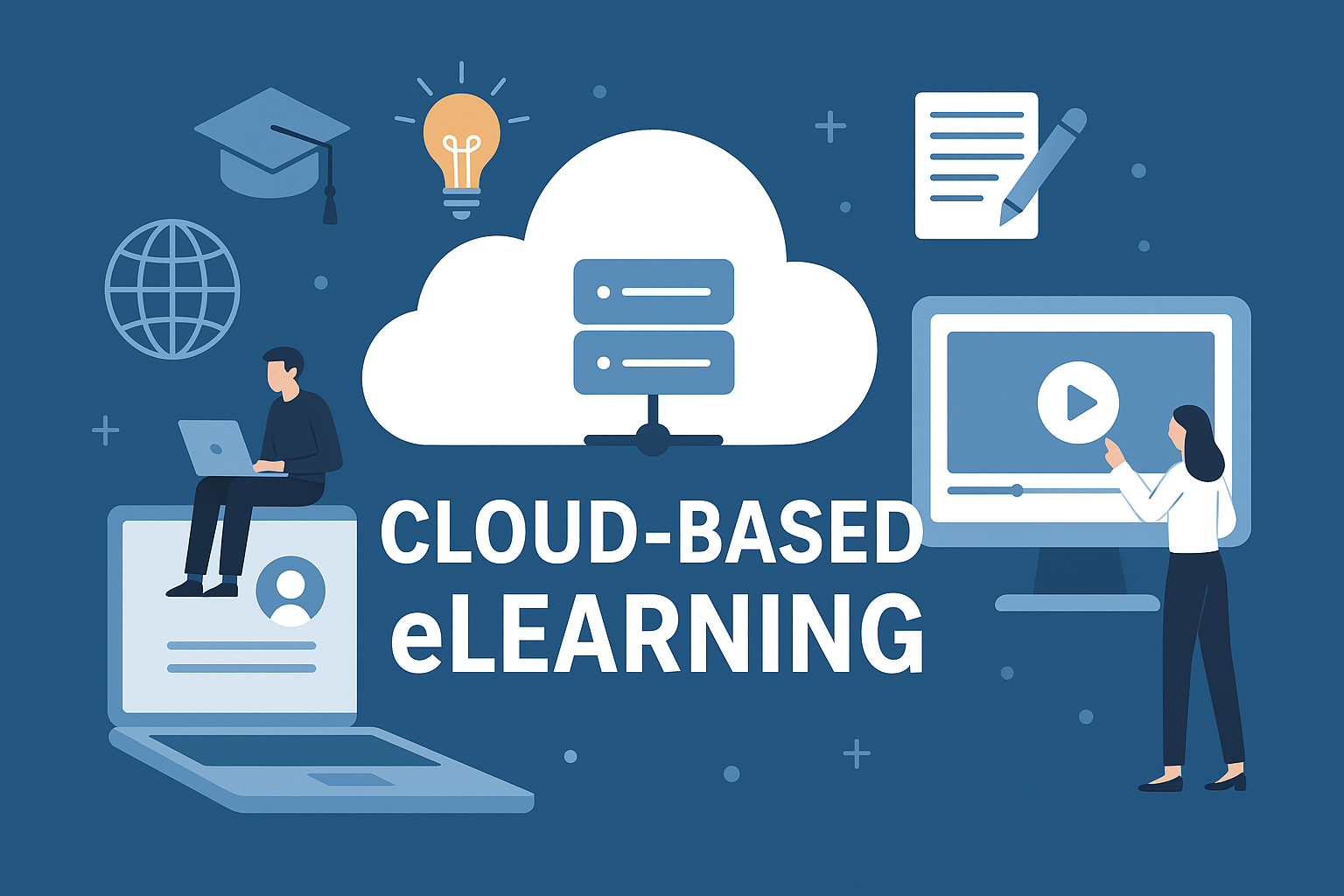 Cloud-based eLearning concept with online education icons, cloud server, and digital learning tools