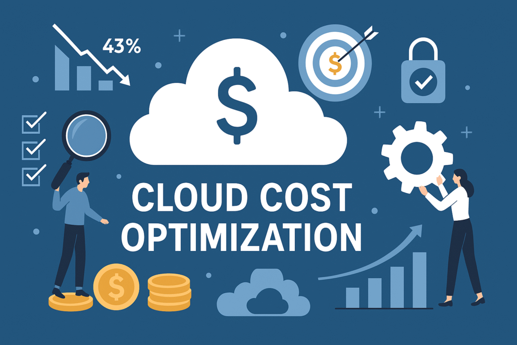 Cloud cost optimization illustration with graphs, cloud icon, and savings symbols