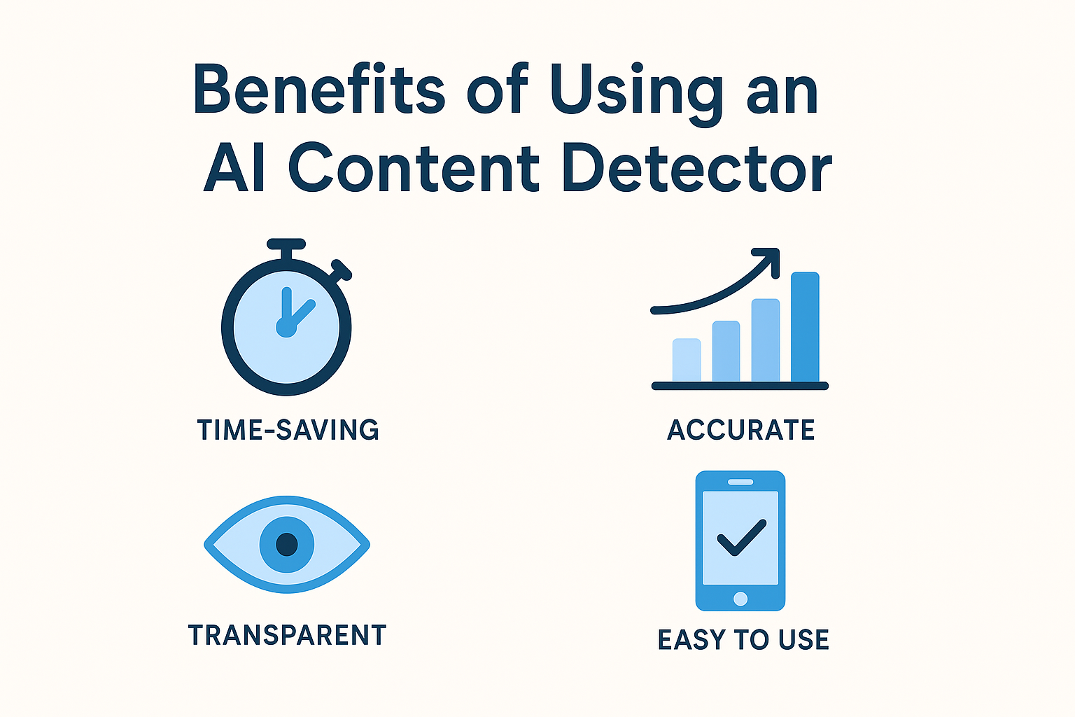Infographic highlighting benefits of using AI content detectors such as time-saving, accuracy, transparency, and ease of use.