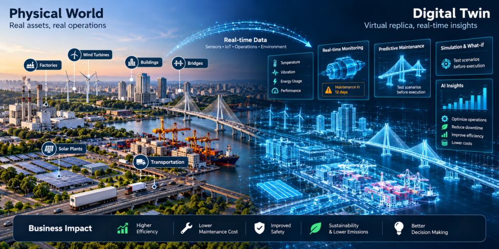 Physical World vs Digital Twin: factories, buildings, energy, transportation and infrastructure connected to a virtual environment