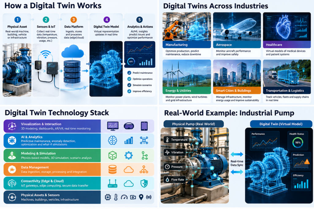 Digital Twin Technology Stack: Physical Assets & Sensors → Connectivity → Data Management → Modeling & Simulation → AI & Analytics → Visualization