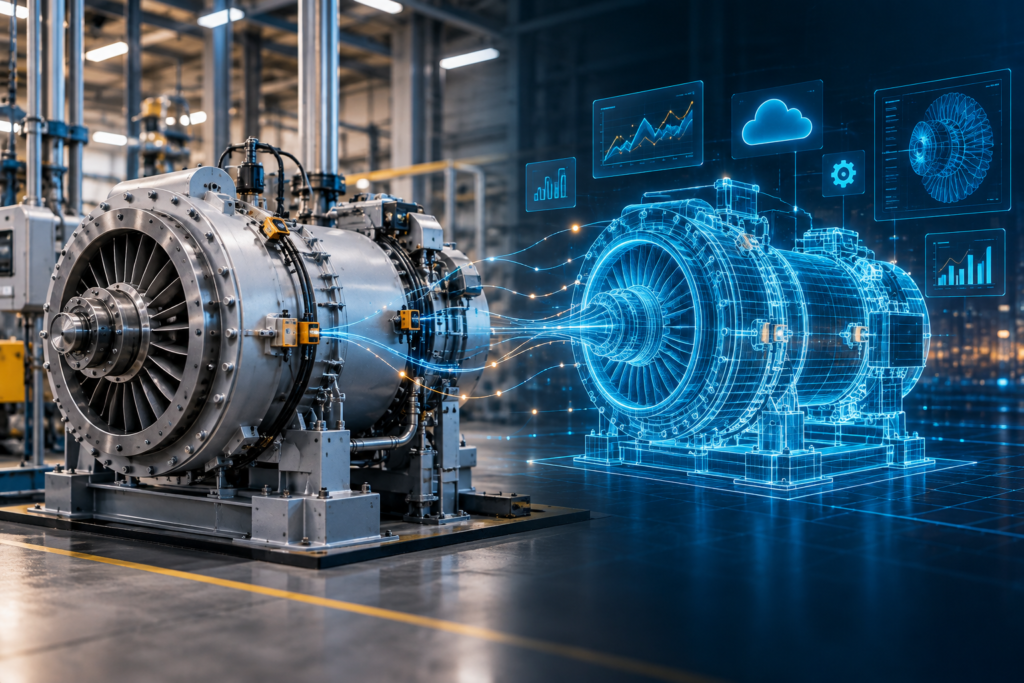 Physical industrial machine alongside its digital twin